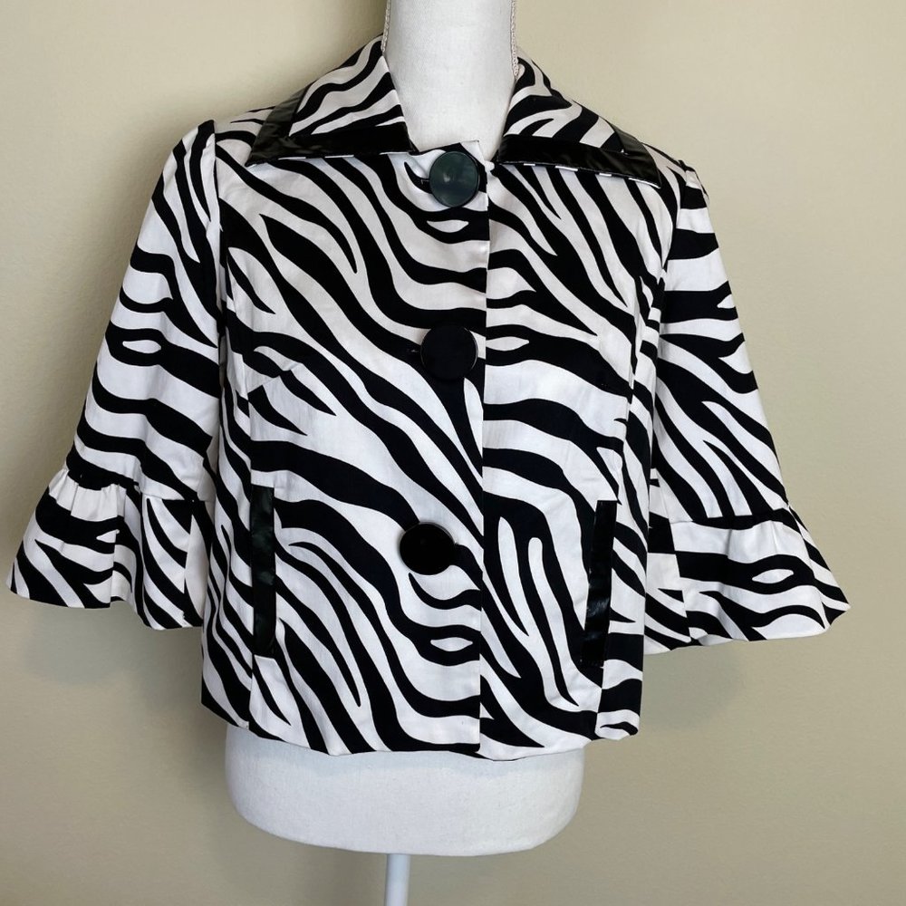 Sandro Blazer Zebra Print Cropped Jacket Pockets M Black Pleather Trim